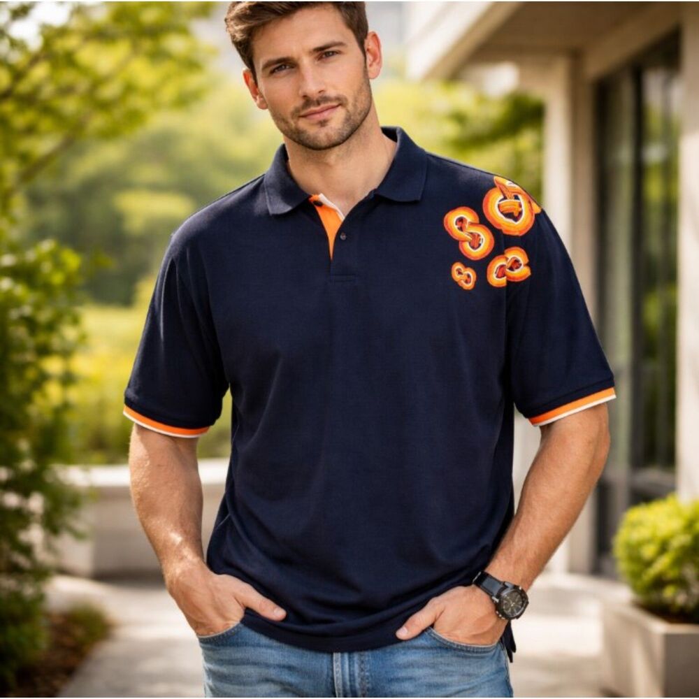 Evolution In Design Polo Shirt Embroidered Cotton Blue Orange Mens Size 2XL